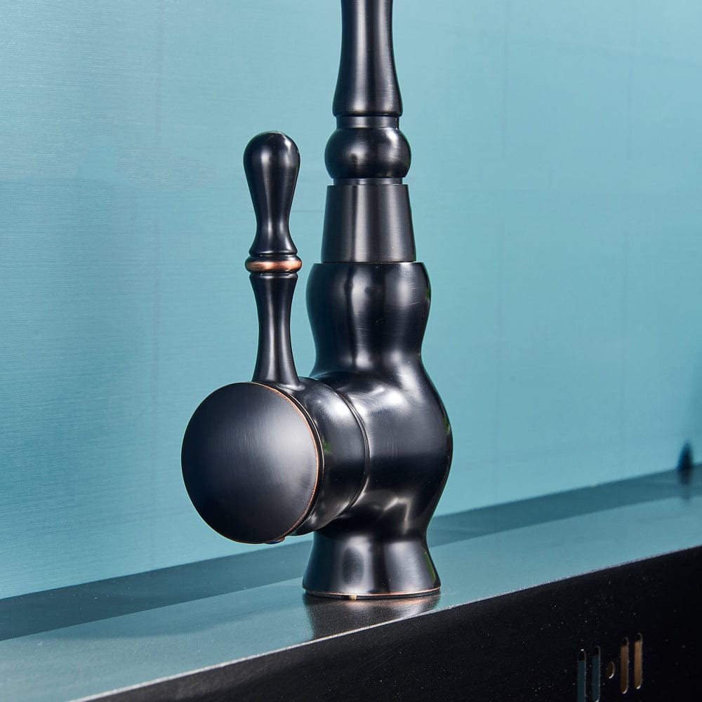 Baterie bucatarie retro, inalta, cu montare pe chiuveta sau blat, negru cu bronz pe margine