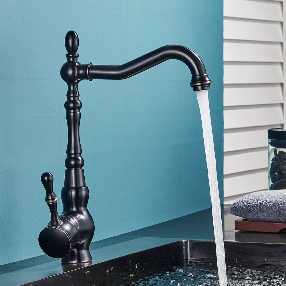 Baterie bucatarie retro, inalta, cu montare pe chiuveta sau blat, negru cu bronz pe margine