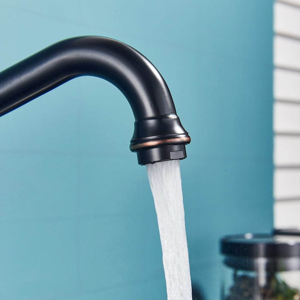 Baterie bucatarie retro, inalta, cu montare pe chiuveta sau blat, negru cu bronz pe margine