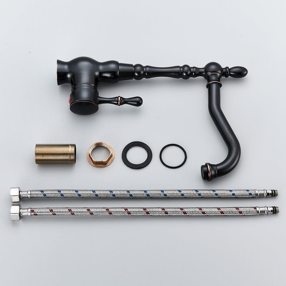 Baterie bucatarie retro, inalta, cu montare pe chiuveta sau blat, negru cu bronz pe margine