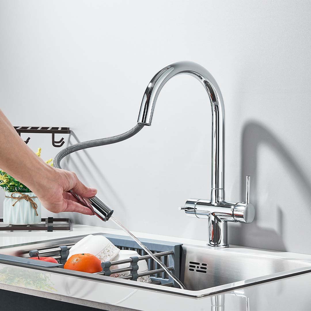 Baterie cu filtru de purificare si dus extractibil, argintiu lucios