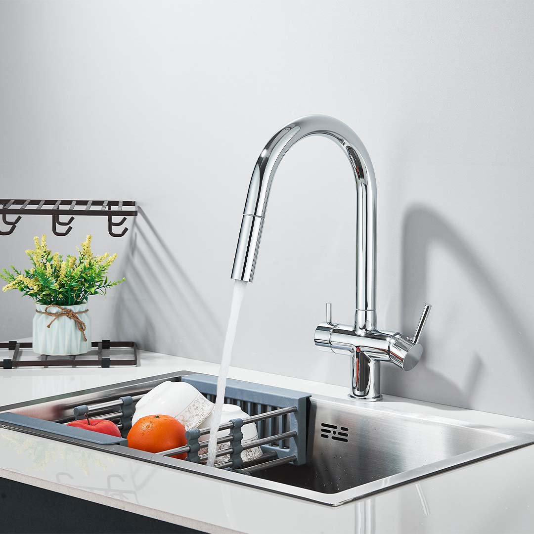 Baterie cu filtru de purificare si dus extractibil, argintiu lucios