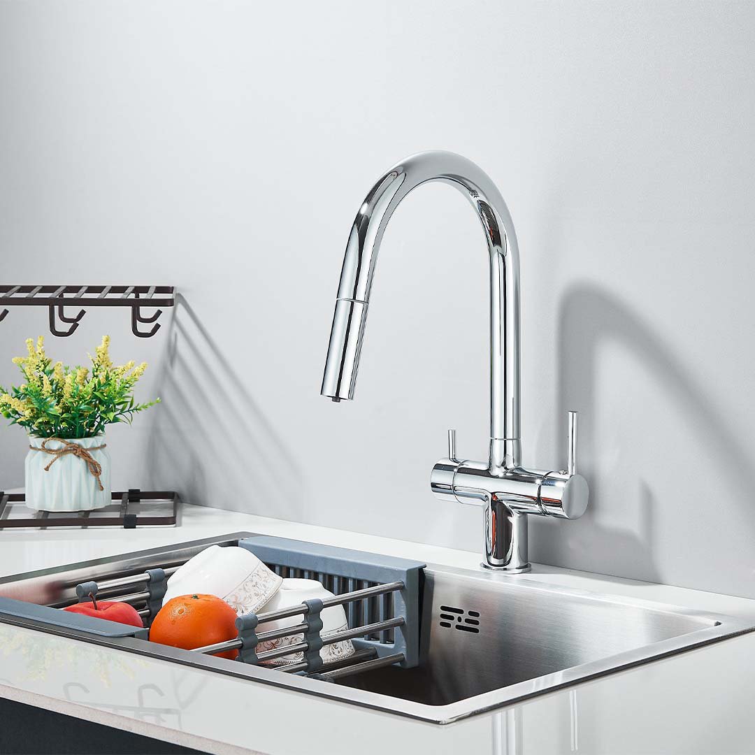 Baterie cu filtru de purificare si dus extractibil, argintiu lucios