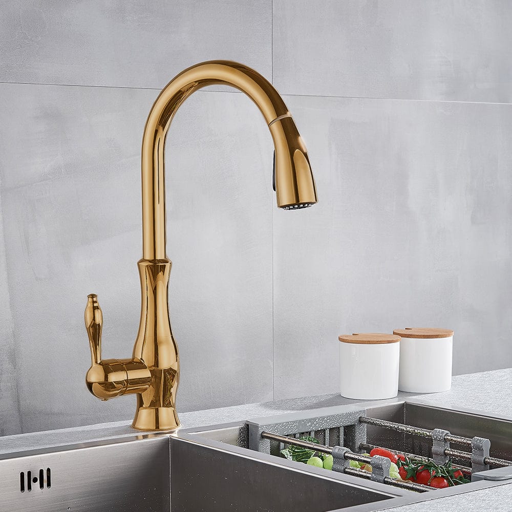 Baterie de bucatarie, aurie, cu furtun extractibil si 2 functii de curgere a apei