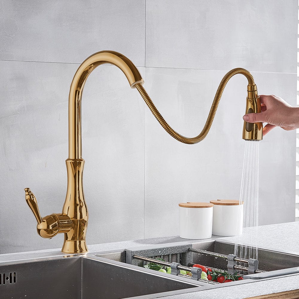 Baterie de bucatarie, aurie, cu furtun extractibil si 2 functii de curgere a apei