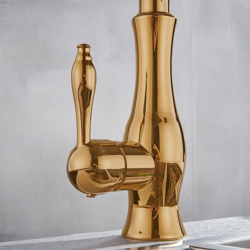 Baterie de bucatarie, aurie, cu furtun extractibil si 2 functii de curgere a apei