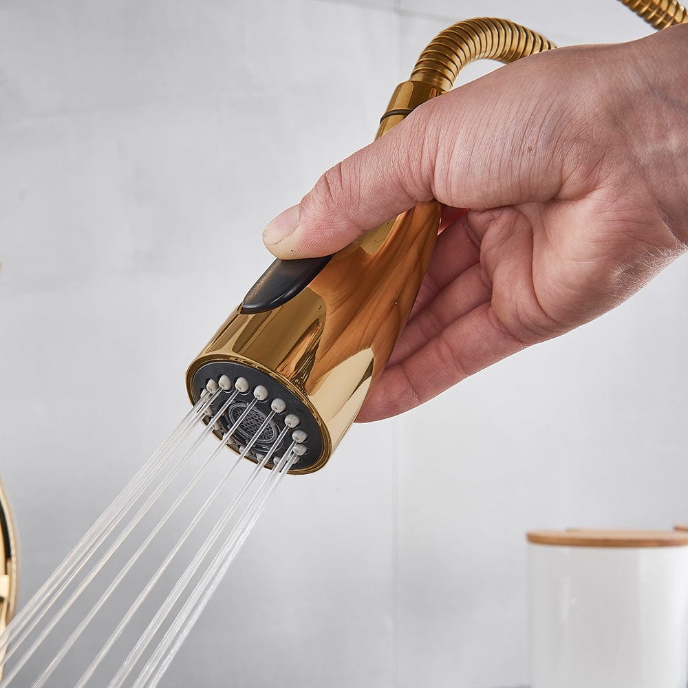 Baterie de bucatarie, aurie, cu furtun extractibil si 2 functii de curgere a apei