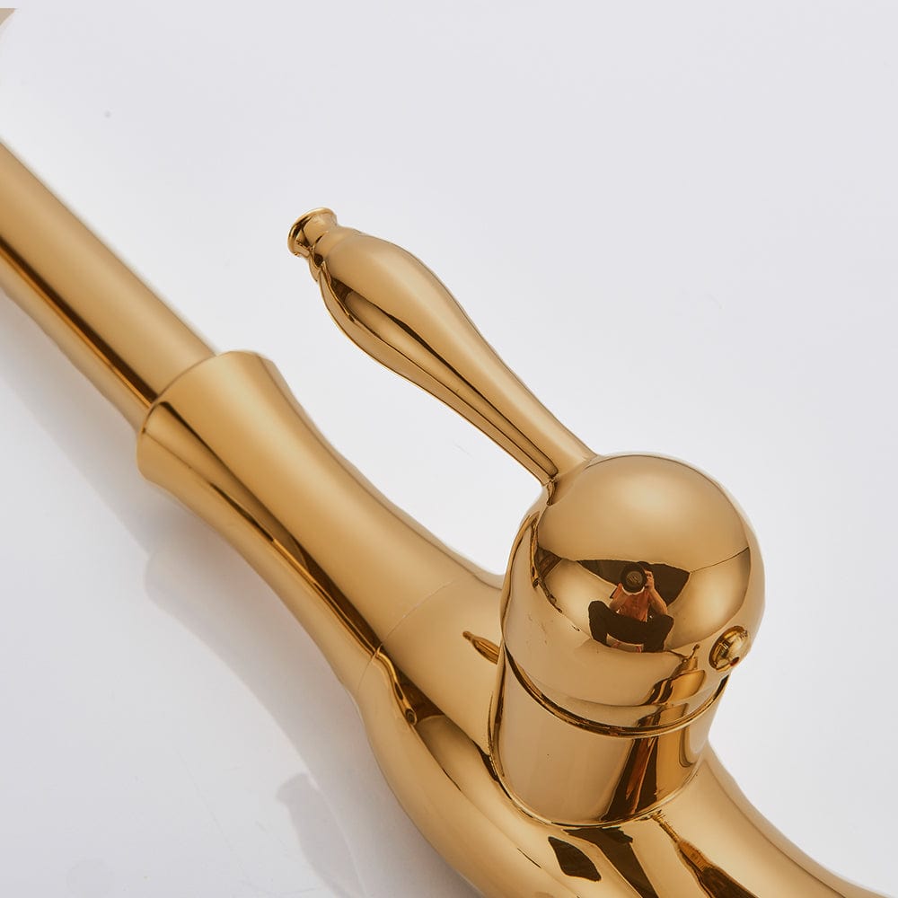 Baterie de bucatarie, aurie, cu furtun extractibil si 2 functii de curgere a apei