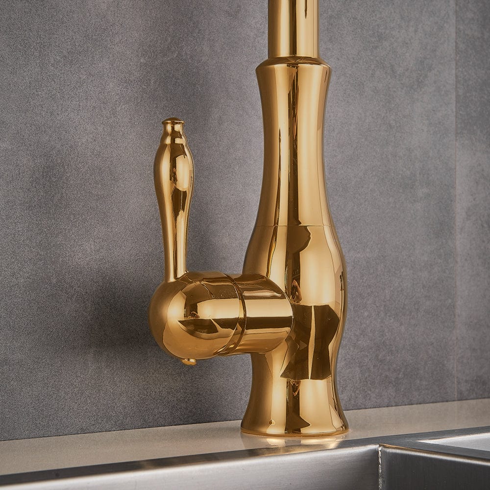 Baterie de bucatarie, aurie, cu furtun extractibil si 2 functii de curgere a apei