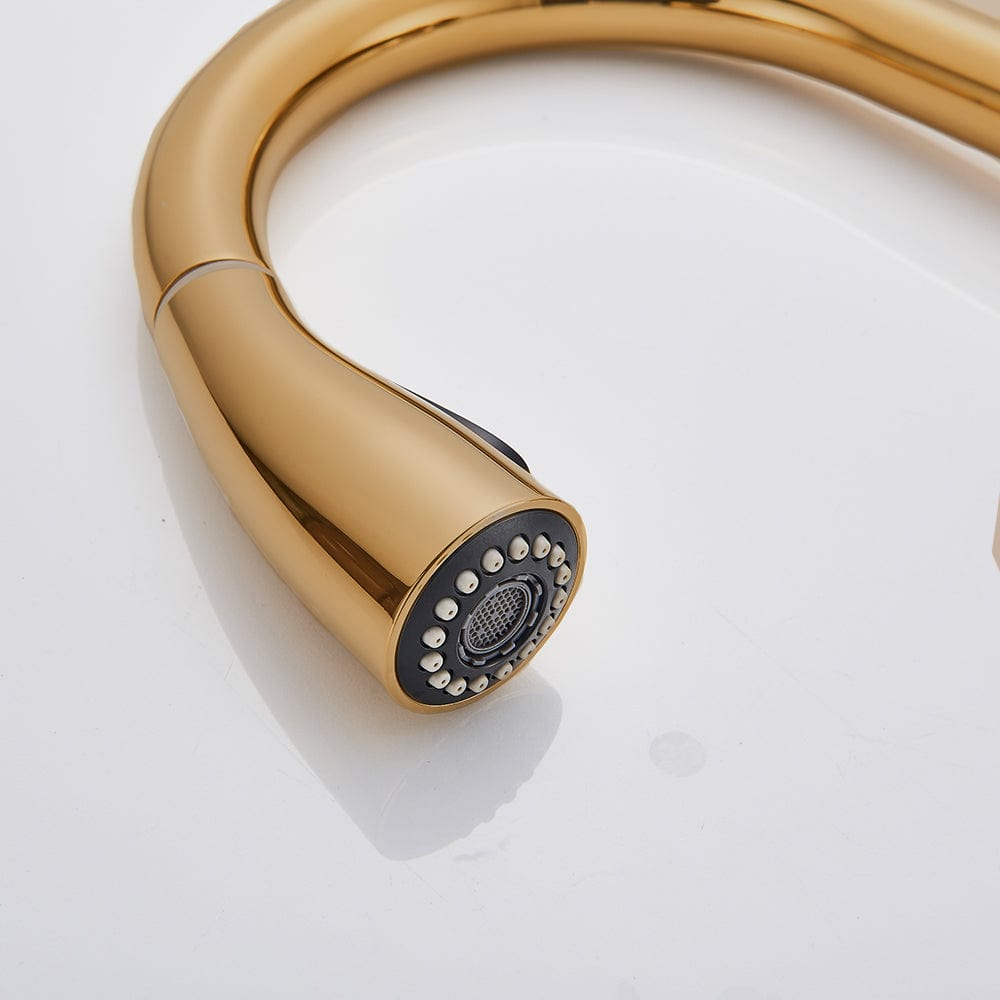 Baterie de bucatarie, aurie, cu furtun extractibil si 2 functii de curgere a apei