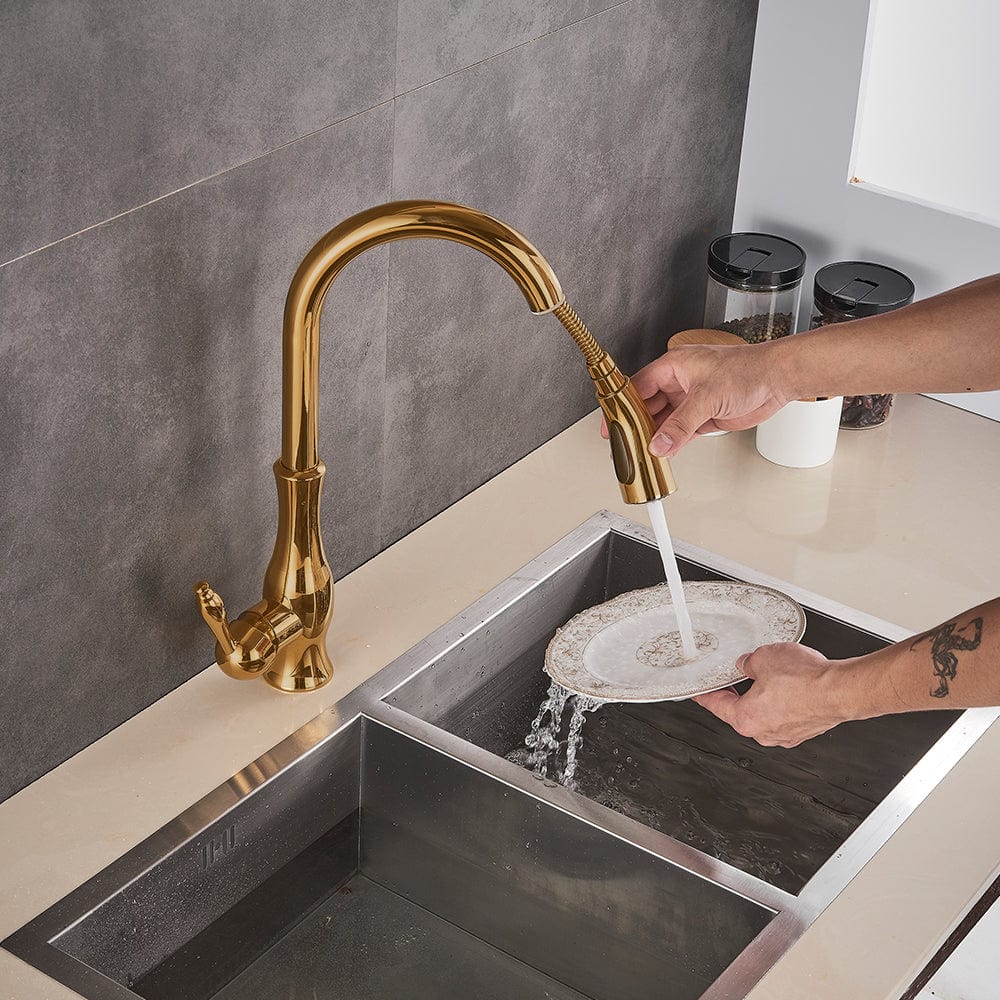 Baterie de bucatarie, aurie, cu furtun extractibil si 2 functii de curgere a apei