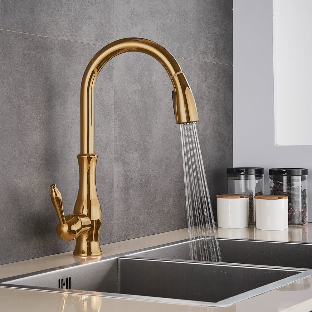 Baterie de bucatarie, aurie, cu furtun extractibil si 2 functii de curgere a apei