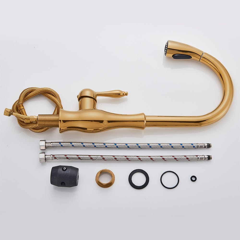 Baterie de bucatarie, aurie, cu furtun extractibil si 2 functii de curgere a apei