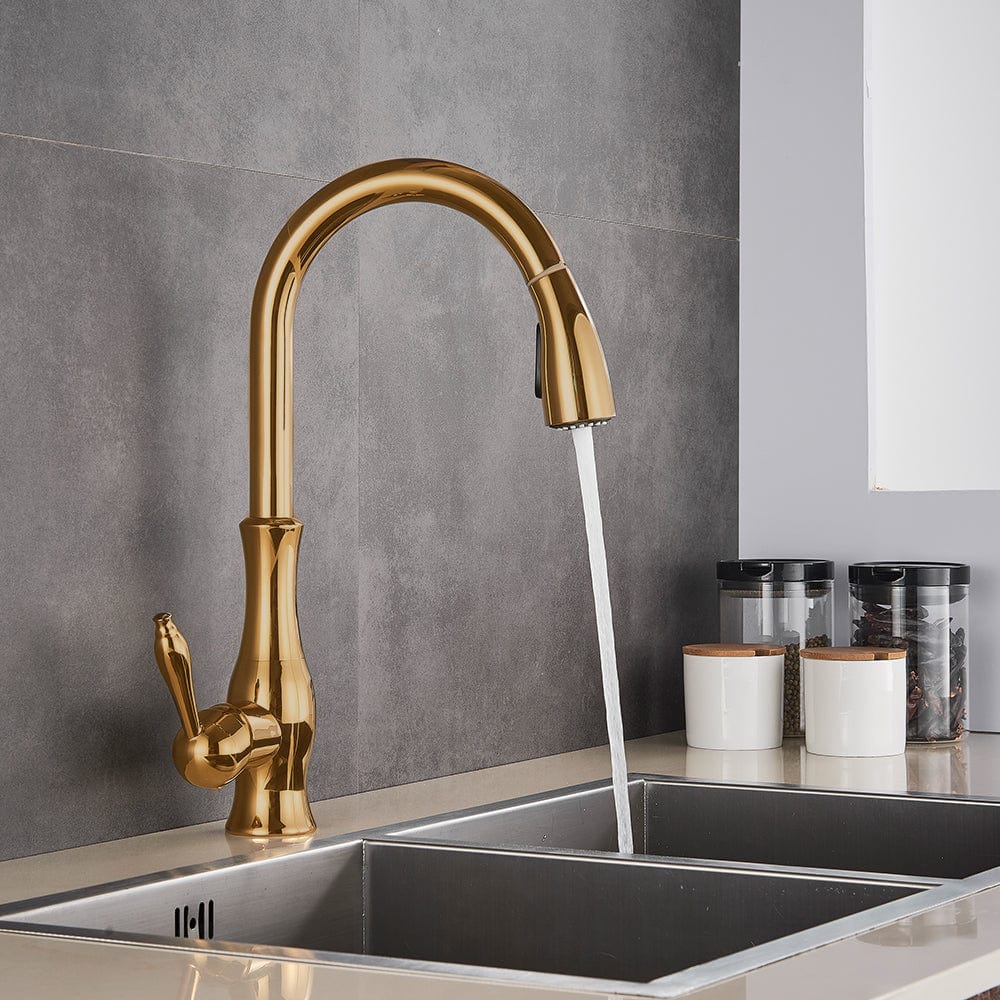 Baterie de bucatarie, aurie, cu furtun extractibil si 2 functii de curgere a apei