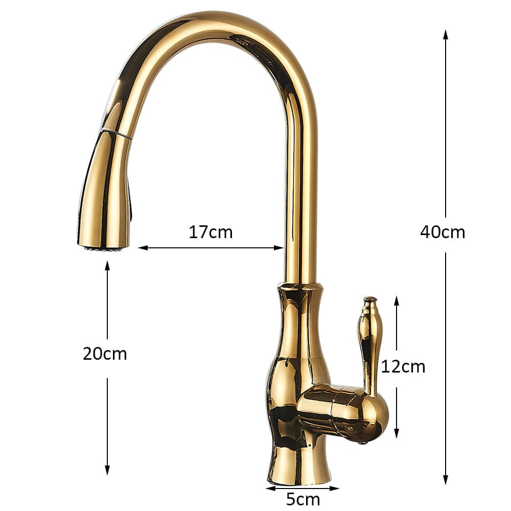 Baterie de bucatarie, aurie, cu furtun extractibil si 2 functii de curgere a apei