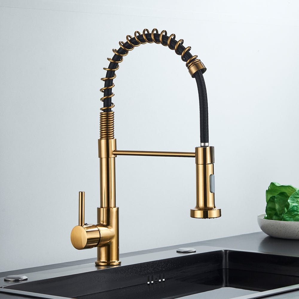 Baterie de bucatarie, auriu nichelat cu negru, cu 2 functii de curgere si dus flexibil