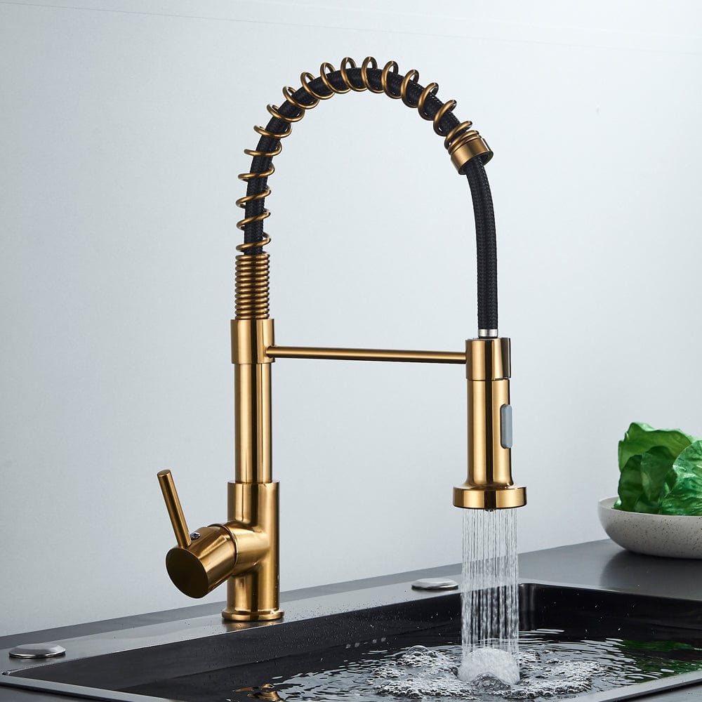 Baterie de bucatarie, auriu nichelat cu negru, cu 2 functii de curgere si dus flexibil