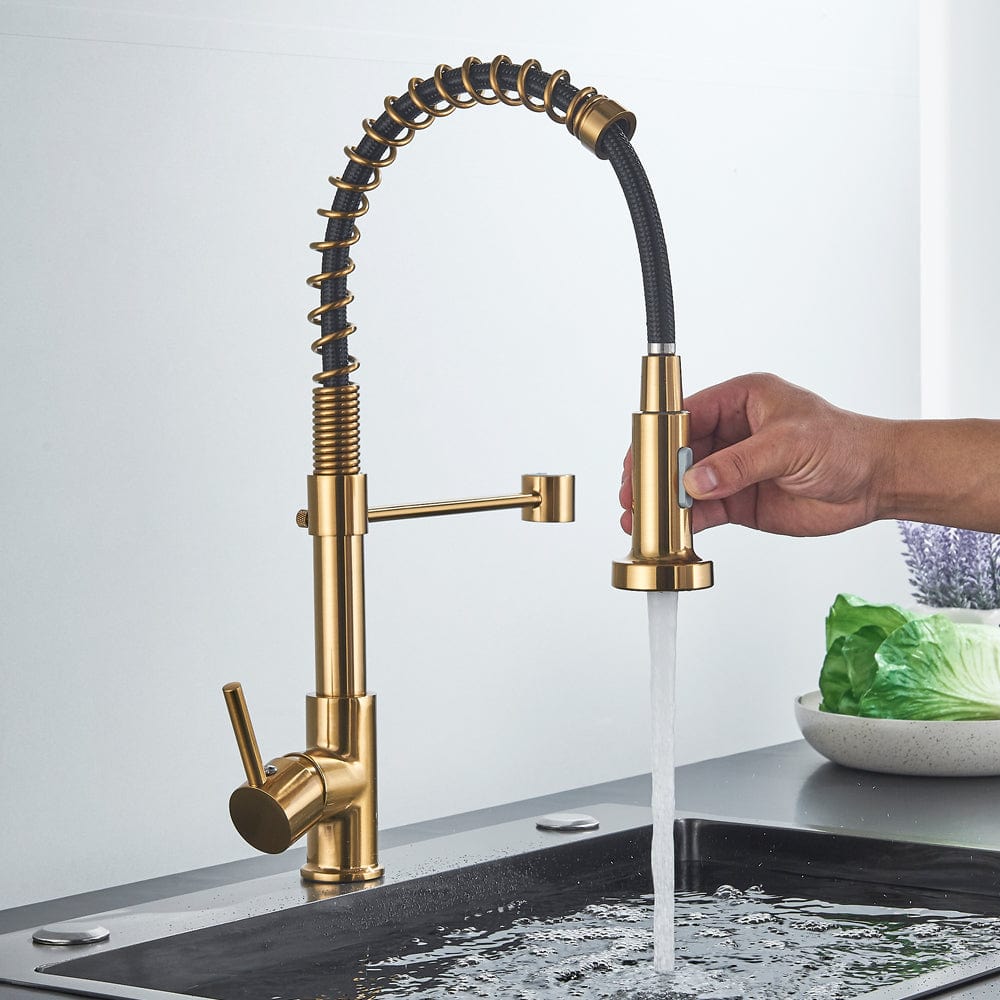 Baterie de bucatarie, auriu nichelat cu negru, cu 2 functii de curgere si dus flexibil