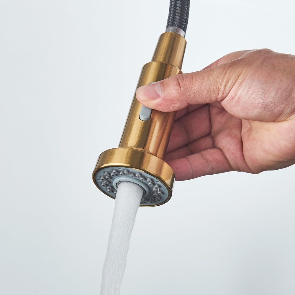 Baterie de bucatarie, auriu nichelat cu negru, cu 2 functii de curgere si dus flexibil