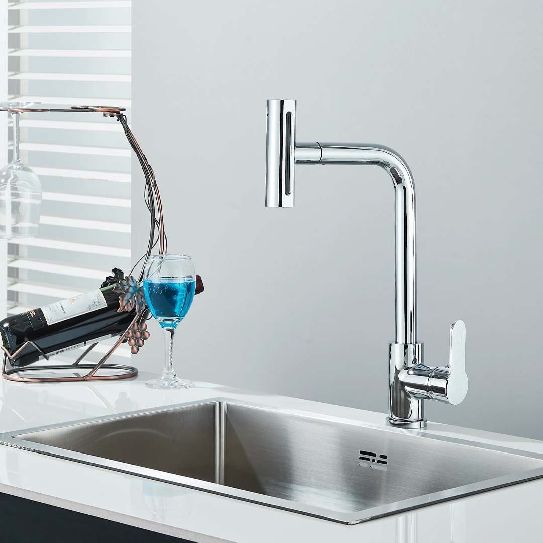 Baterie de bucătărie/baie cu duș extractibil, argintiu lucios