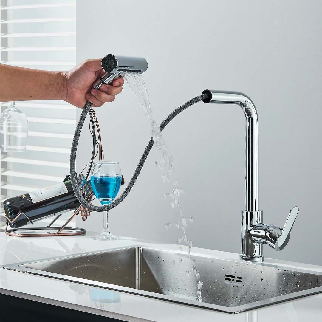 Baterie de bucătărie/baie cu duș extractibil, argintiu lucios