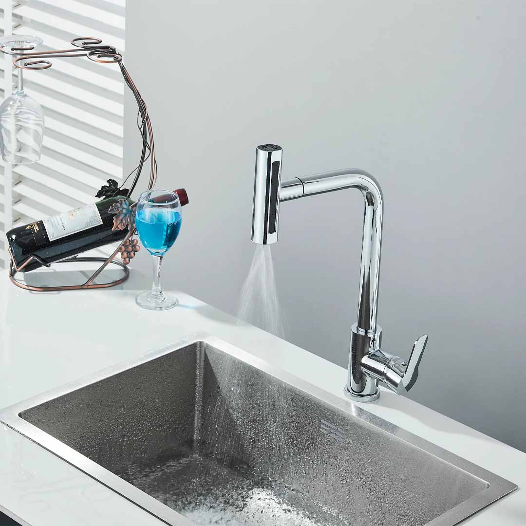 Baterie de bucătărie/baie cu duș extractibil, argintiu lucios