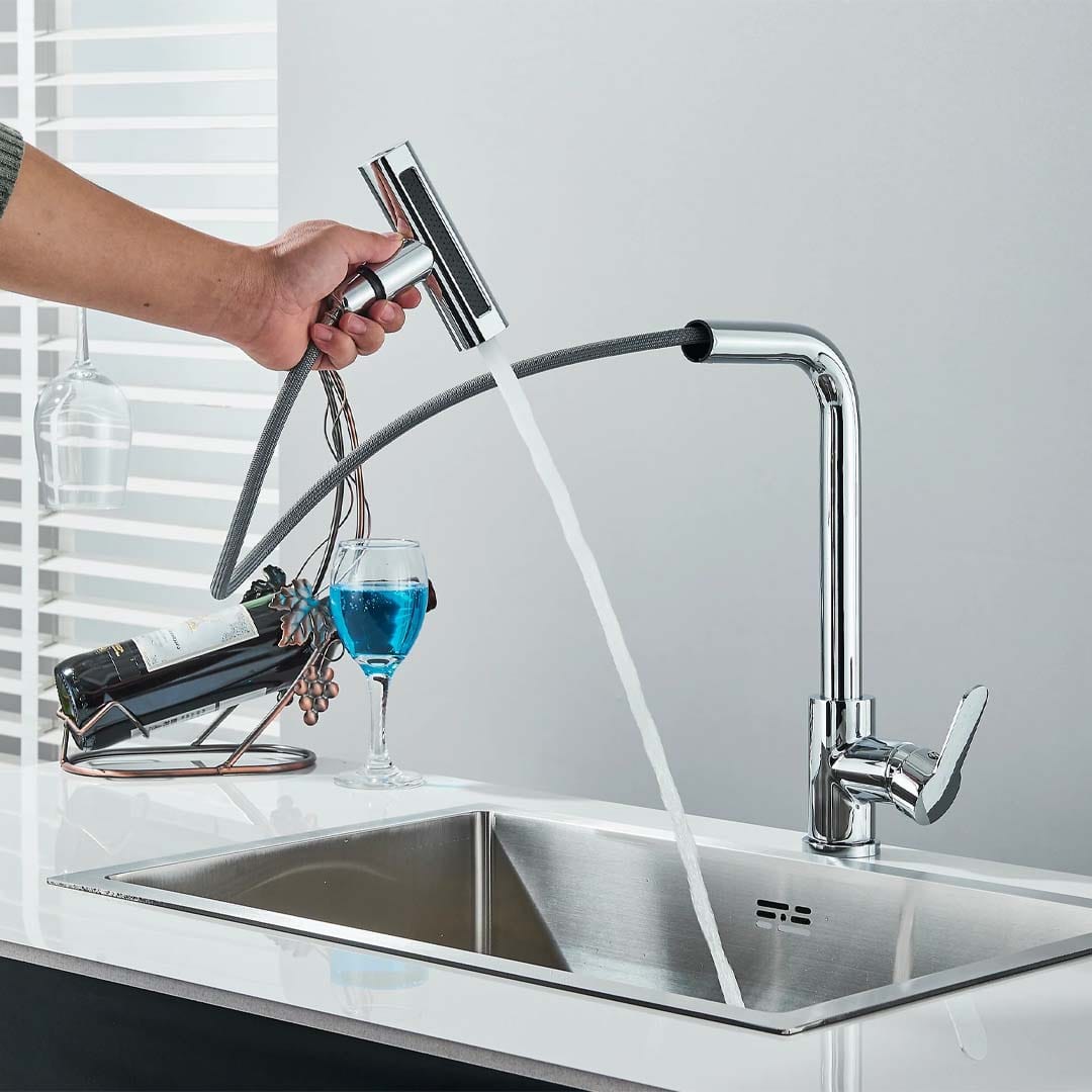 Baterie de bucătărie/baie cu duș extractibil, argintiu lucios