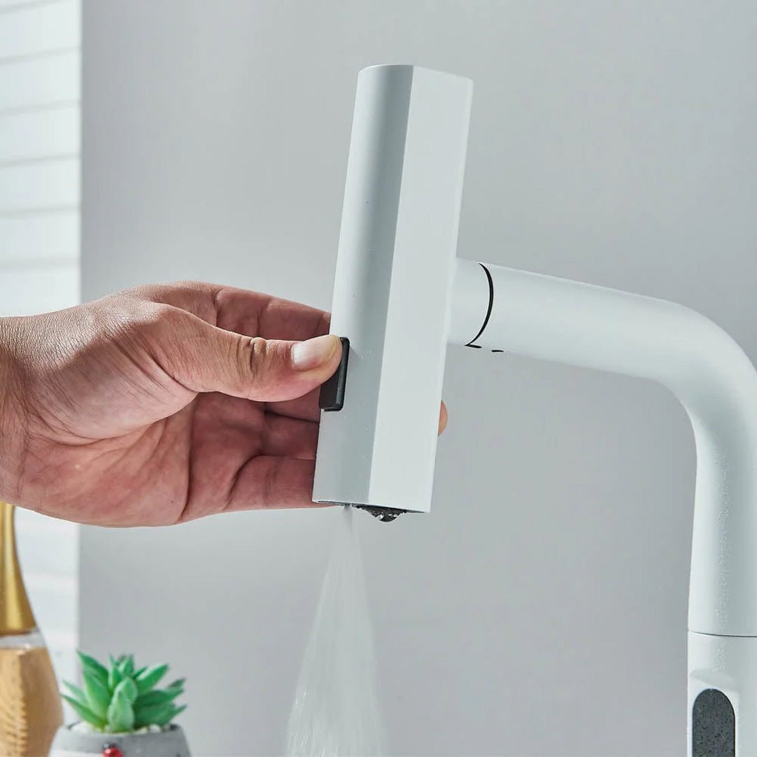 Baterie de bucătărie/baie cu duș extractibil, display LED și 3 moduri de curgere, alb