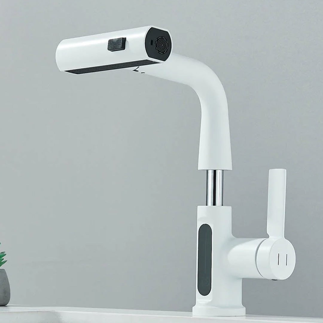 Baterie de bucătărie/baie cu duș extractibil, display LED și 3 moduri de curgere, alb