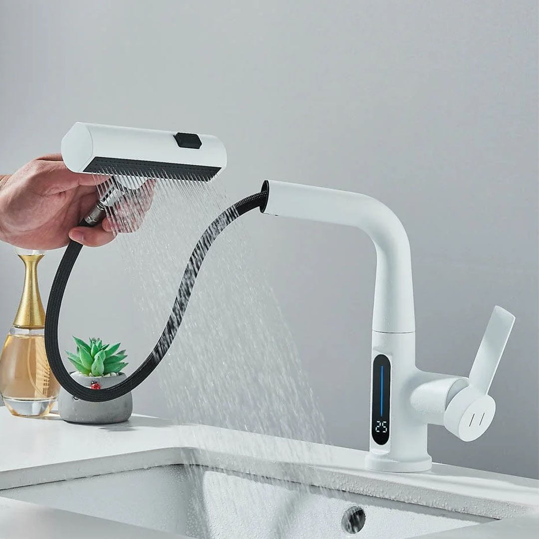 Baterie de bucătărie/baie cu duș extractibil, display LED și 3 moduri de curgere, alb