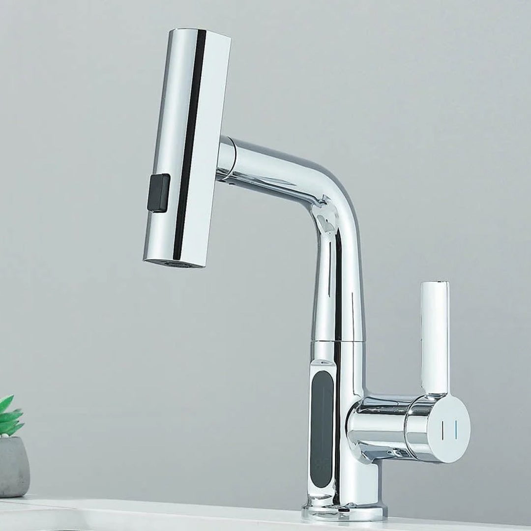 Baterie de bucătărie/baie cu duș extractibil, display LED și 3 moduri de curgere, argintiu cromat