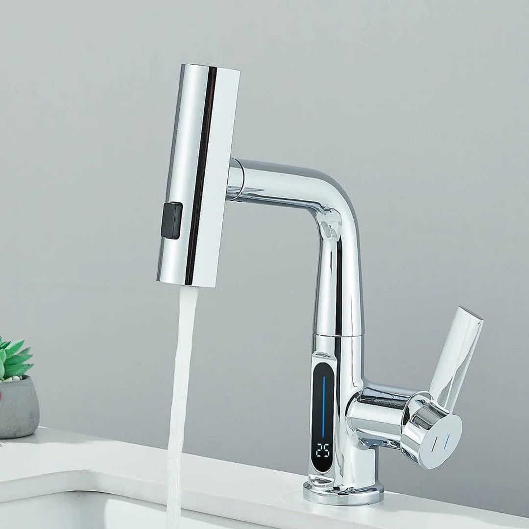Baterie de bucătărie/baie cu duș extractibil, display LED și 3 moduri de curgere, argintiu cromat