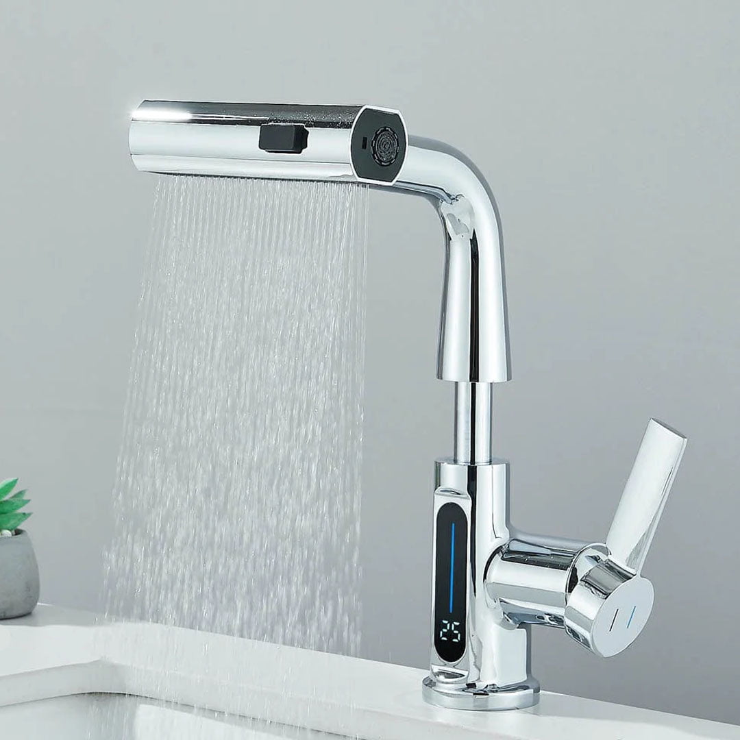 Baterie de bucătărie/baie cu duș extractibil, display LED și 3 moduri de curgere, argintiu cromat