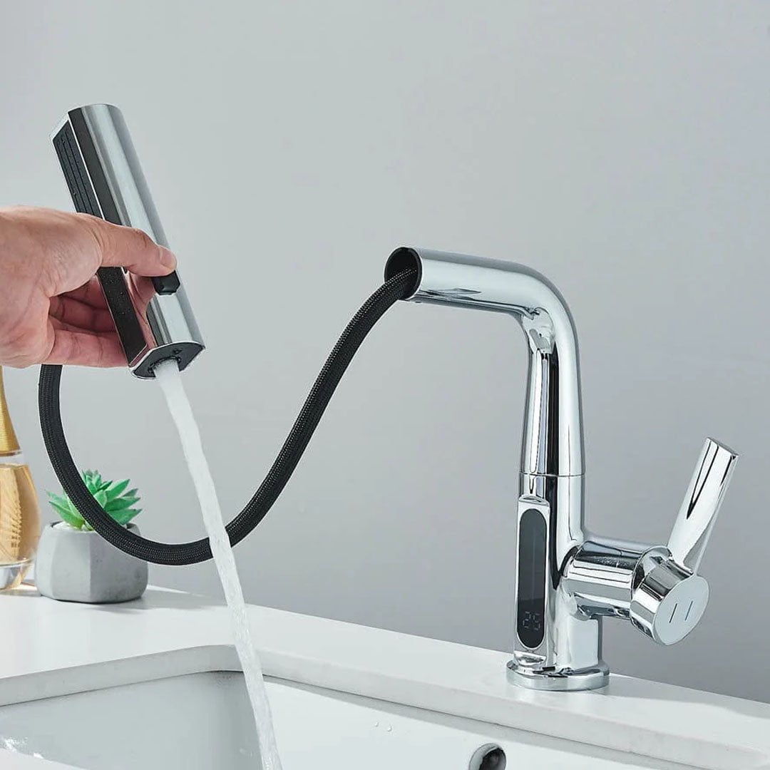 Baterie de bucătărie/baie cu duș extractibil, display LED și 3 moduri de curgere, argintiu cromat