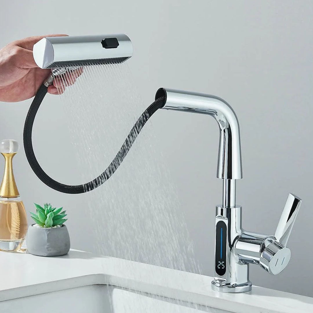 Baterie de bucătărie/baie cu duș extractibil, display LED și 3 moduri de curgere, argintiu cromat