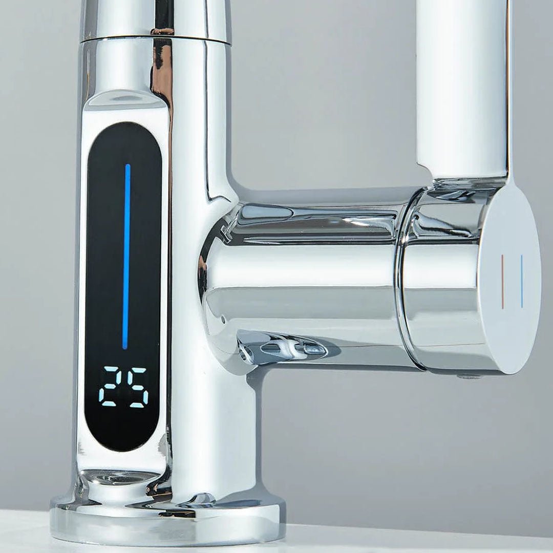 Baterie de bucătărie/baie cu duș extractibil, display LED și 3 moduri de curgere, argintiu cromat