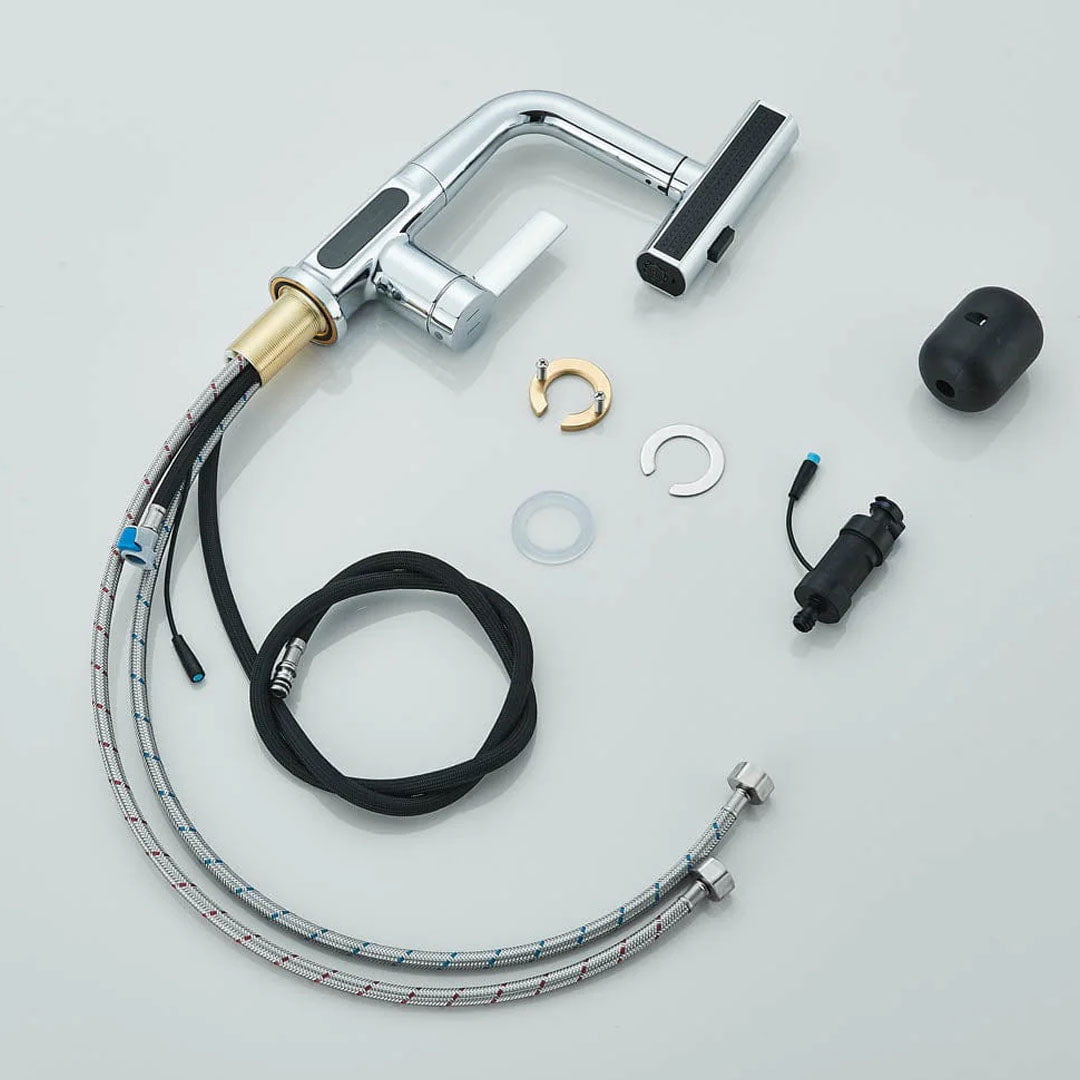 Baterie de bucătărie/baie cu duș extractibil, display LED și 3 moduri de curgere, argintiu cromat