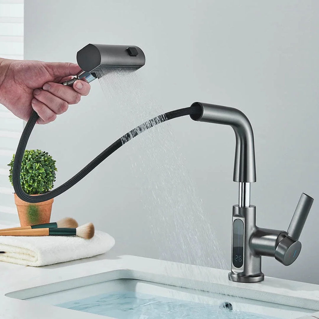 Baterie de bucătărie/baie cu duș extractibil, display LED și 3 moduri de curgere, gri antracit
