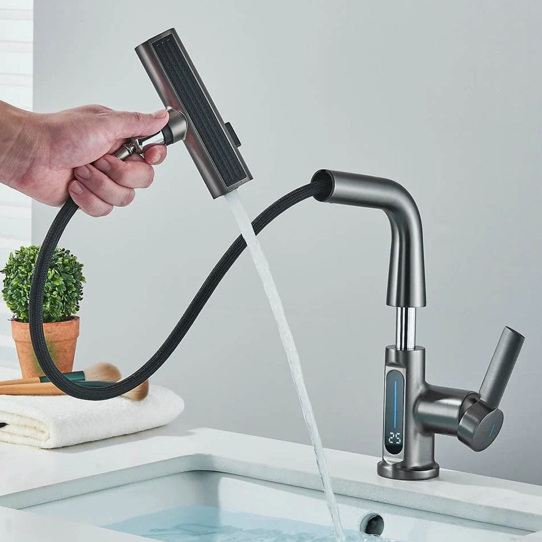 Baterie de bucătărie/baie cu duș extractibil, display LED și 3 moduri de curgere, gri antracit