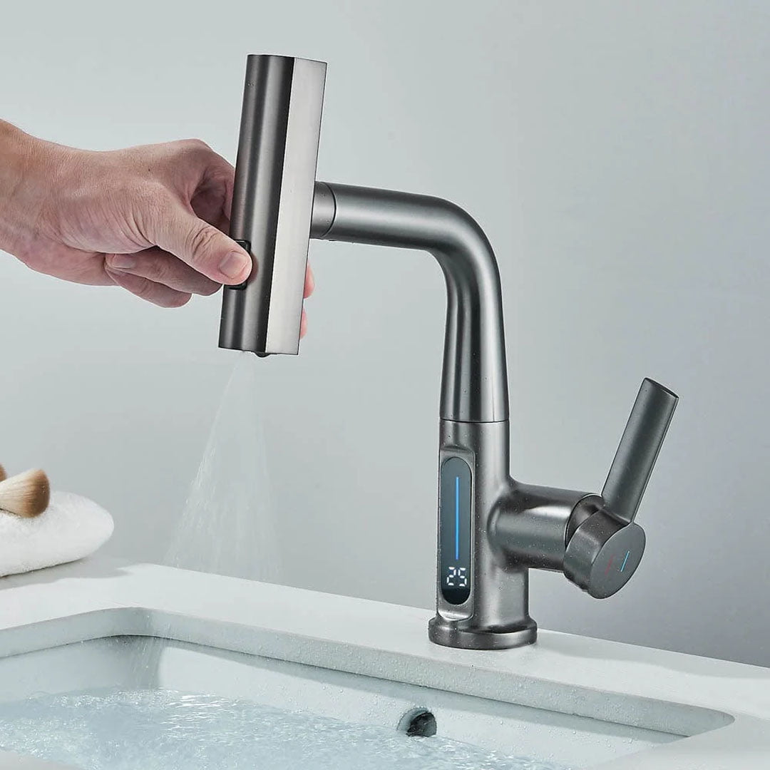 Baterie de bucătărie/baie cu duș extractibil, display LED și 3 moduri de curgere, gri antracit