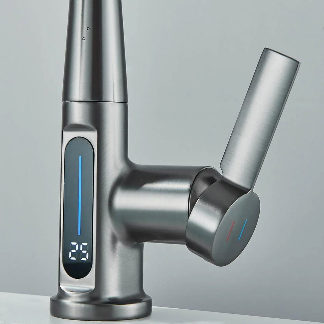 Baterie de bucătărie/baie cu duș extractibil, display LED și 3 moduri de curgere, gri antracit