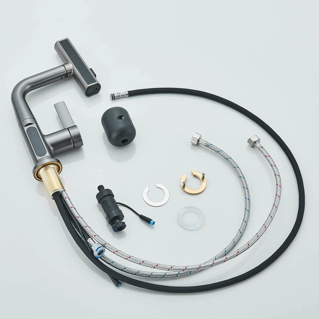 Baterie de bucătărie/baie cu duș extractibil, display LED și 3 moduri de curgere, gri antracit