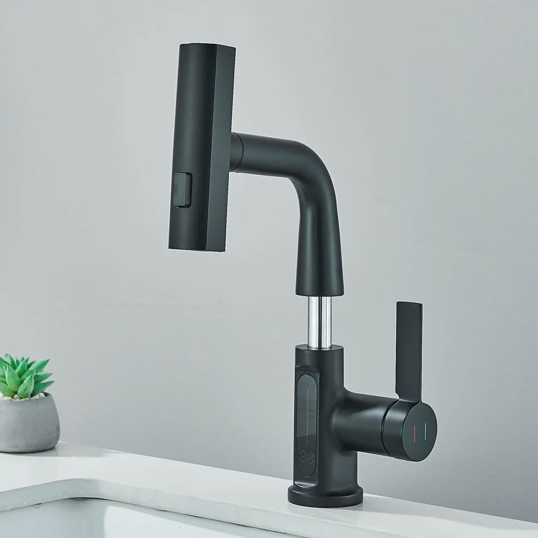 Baterie de bucătărie/baie cu duș extractibil, display LED și 3 moduri de curgere, negru