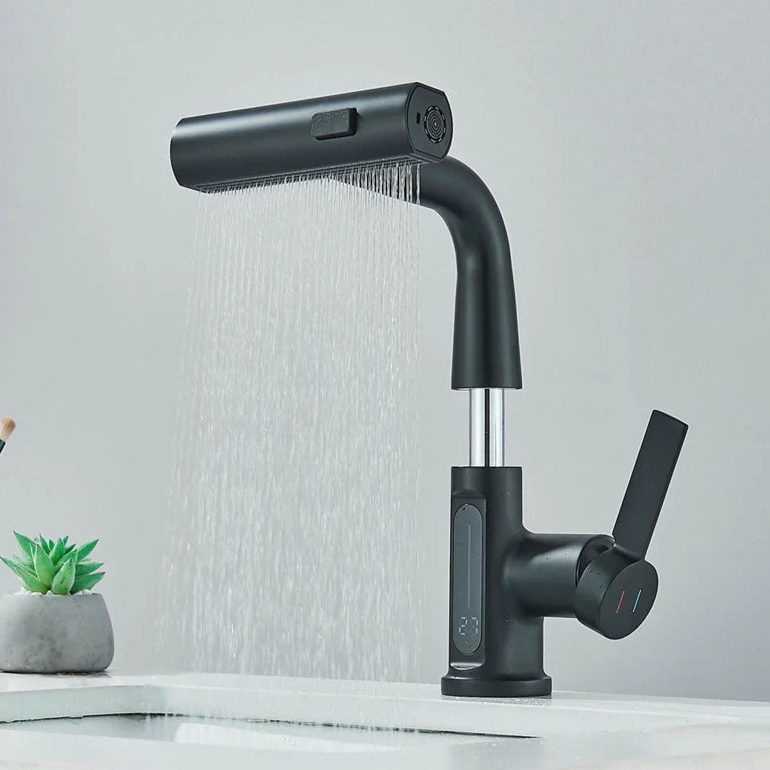 Baterie de bucătărie/baie cu duș extractibil, display LED și 3 moduri de curgere, negru