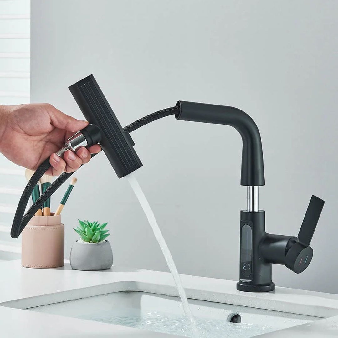 Baterie de bucătărie/baie cu duș extractibil, display LED și 3 moduri de curgere, negru