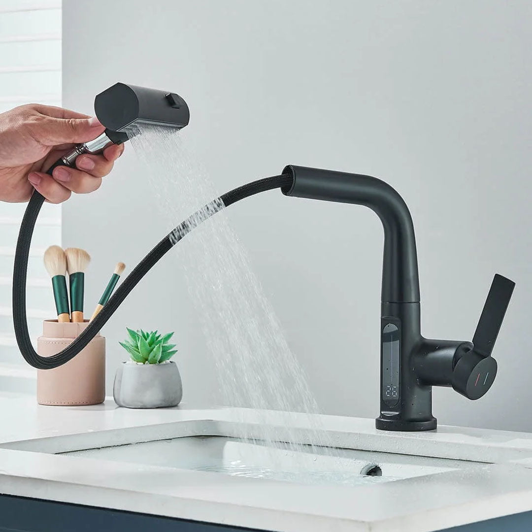 Baterie de bucătărie/baie cu duș extractibil, display LED și 3 moduri de curgere, negru