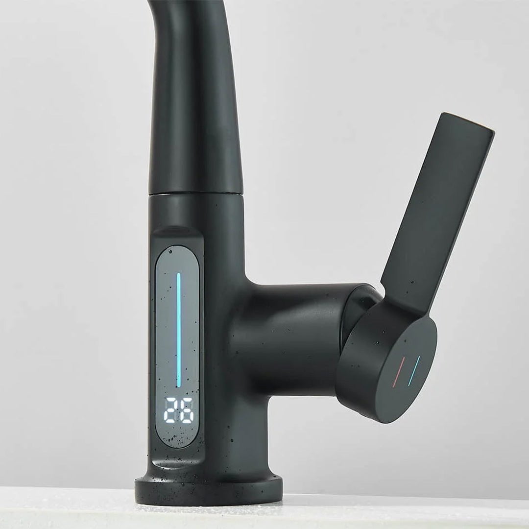 Baterie de bucătărie/baie cu duș extractibil, display LED și 3 moduri de curgere, negru