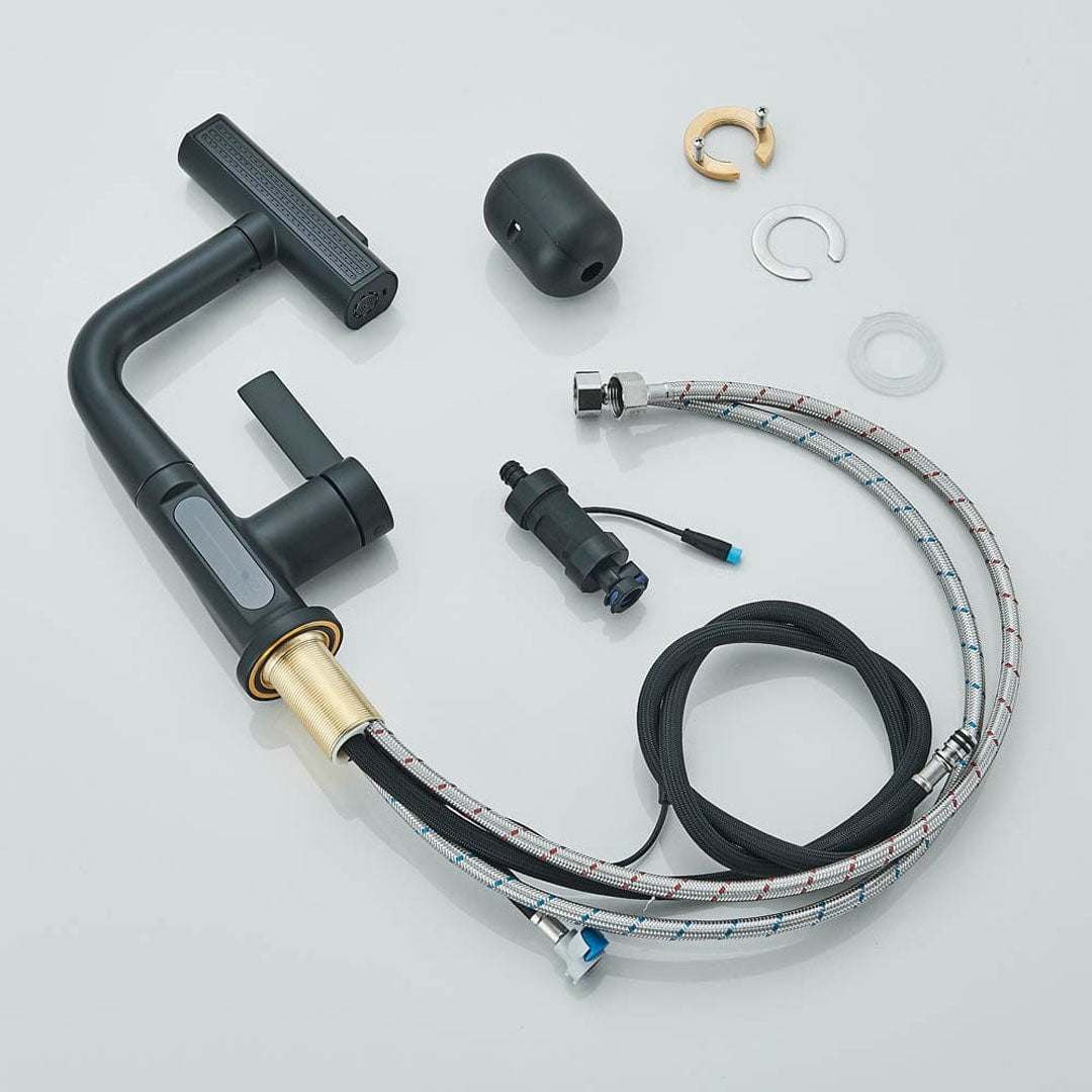 Baterie de bucătărie/baie cu duș extractibil, display LED și 3 moduri de curgere, negru