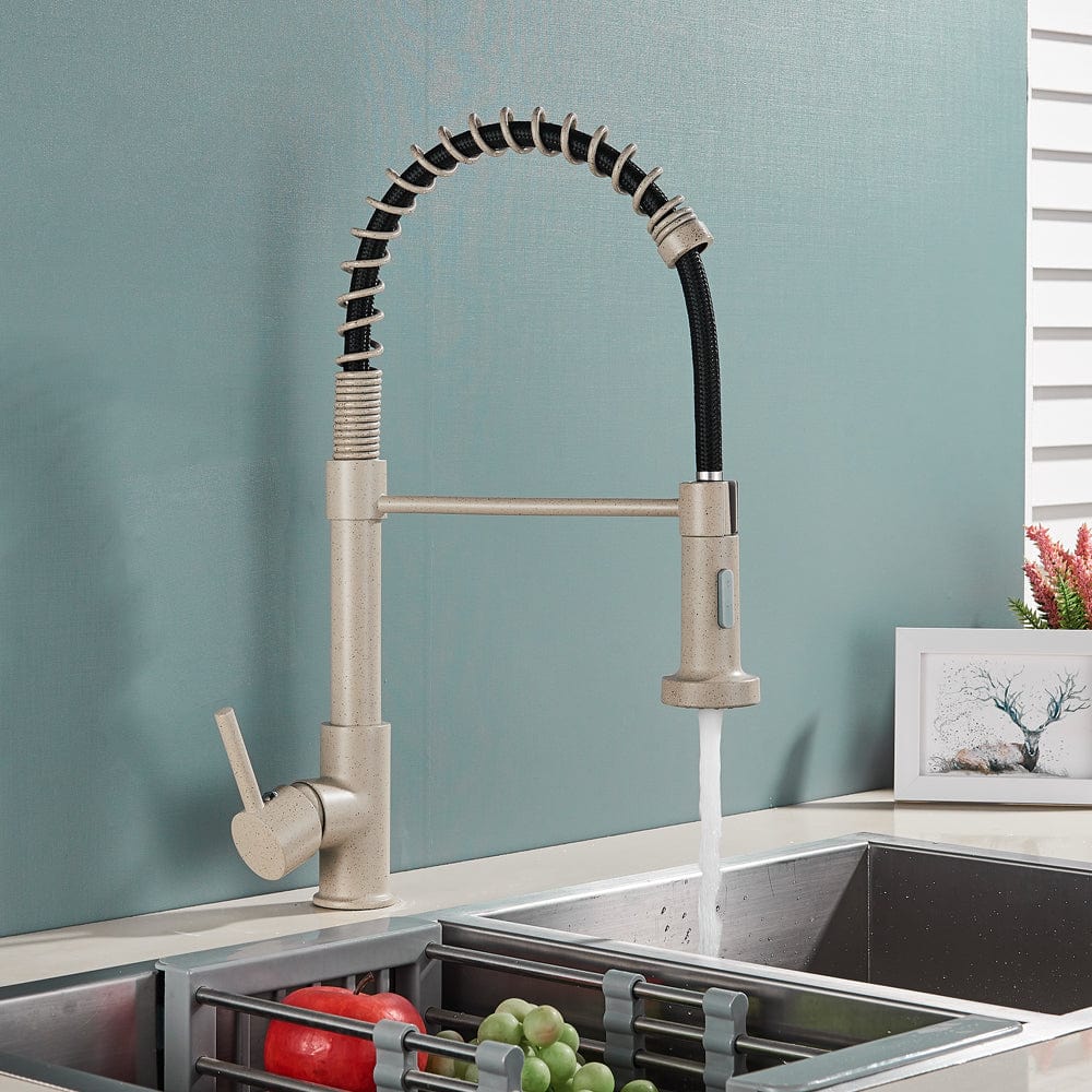 Baterie de bucatarie, bej cu aspect granit, cu 2 functii de curgere si dus flexibil