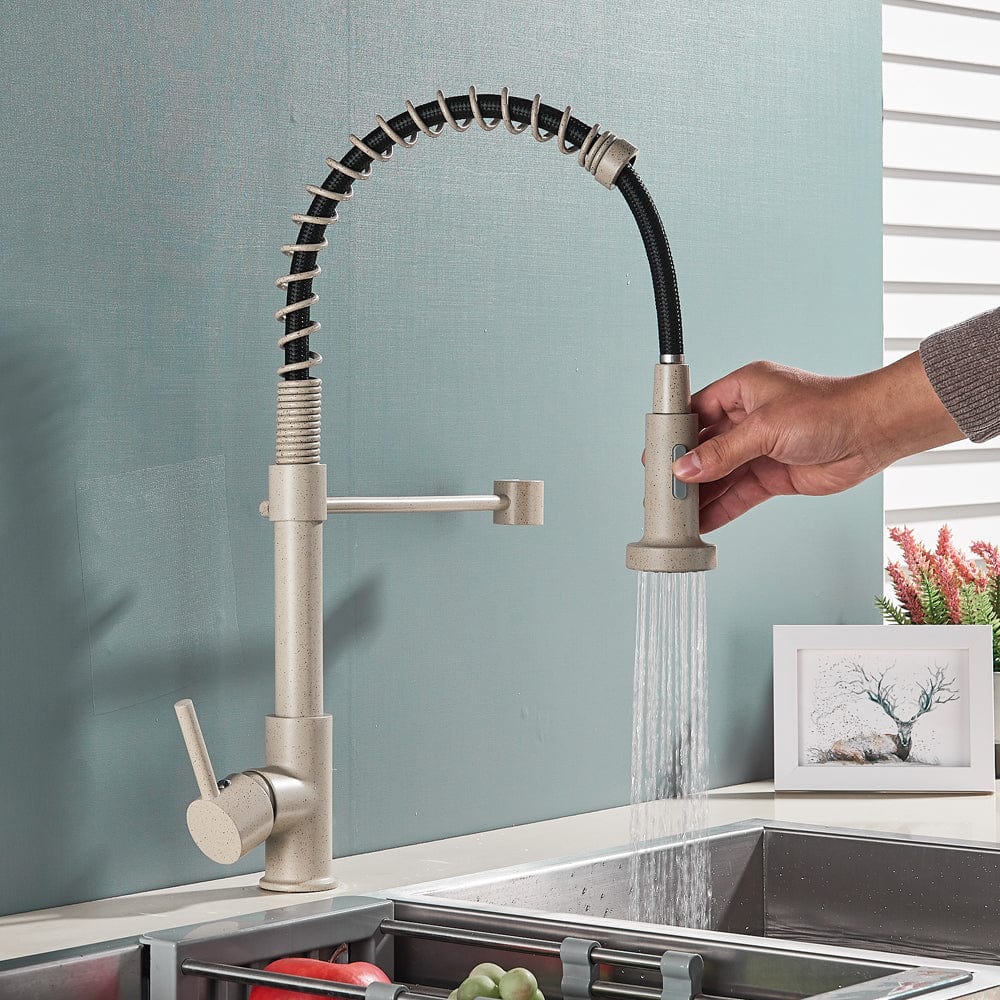 Baterie de bucatarie, bej cu aspect granit, cu 2 functii de curgere si dus flexibil